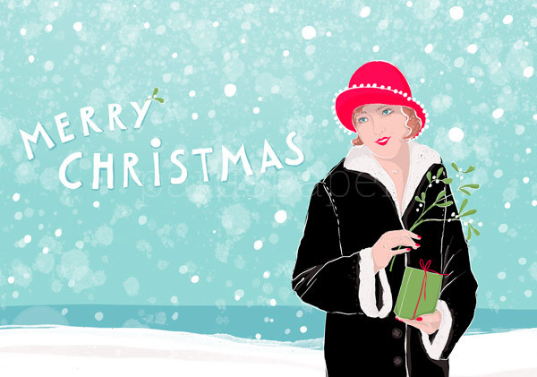 Postkarte "MERRY CHRISTMAS - Dame mit Hut"