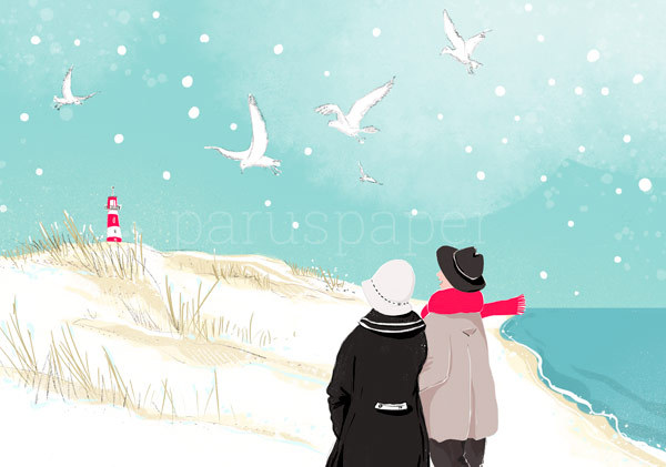 Postkarte "Schneespaziergang am Meer"