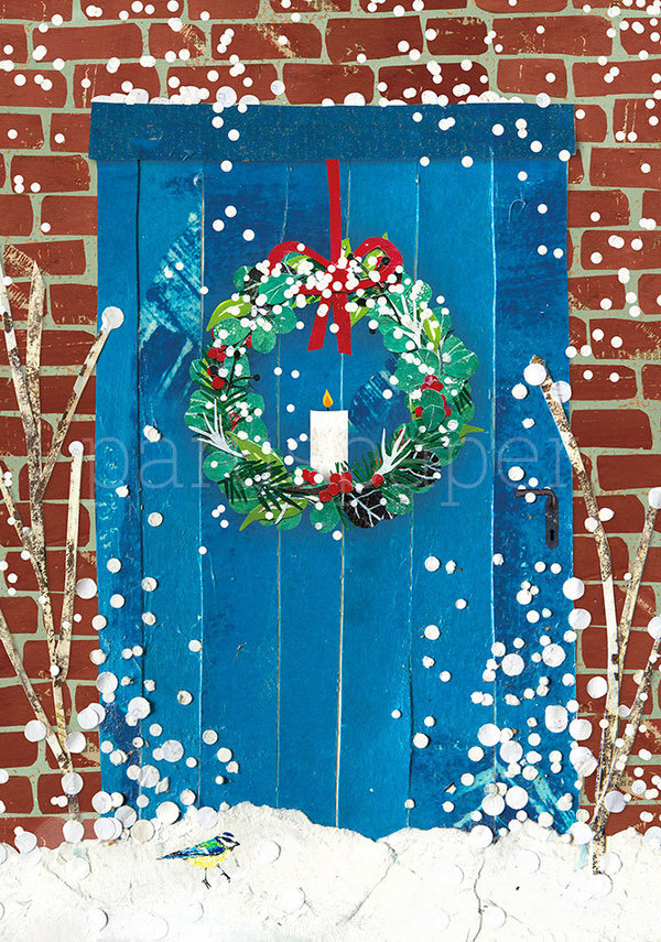 Klappkarte "Weihnachtskranz an der blauen Tür"