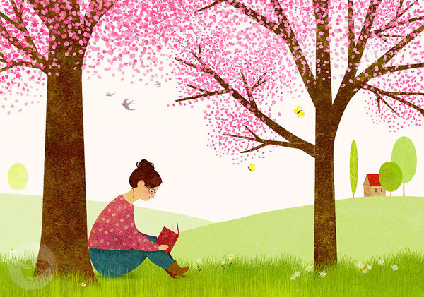 Postkarte "Mein Buch, ich und die Kirschblüten"
